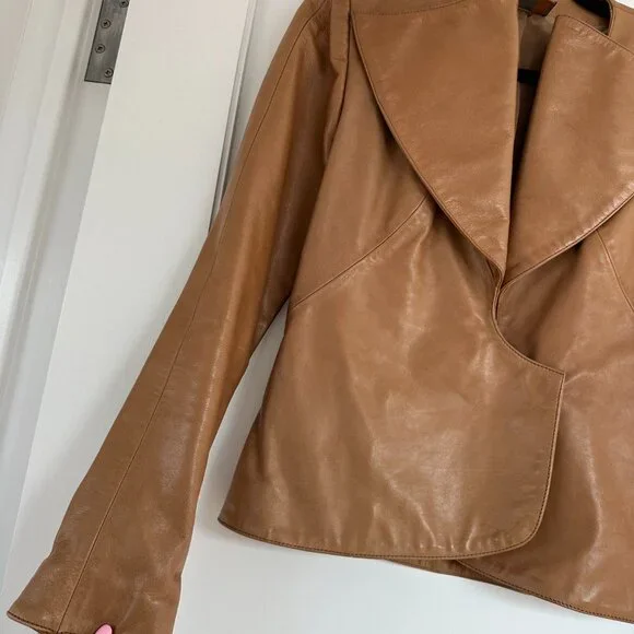 Fendi Vera Pelle Leather Jacket Brown Sz 42 Shawl Collar Snap Closure